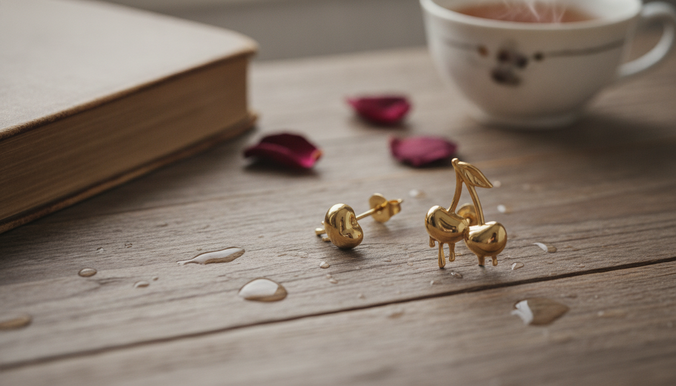 Waterproof Vintage Melted Cherry Gold Stud Earrings